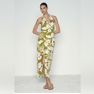 ZARA Olive Green Tropical Floral Print Boho Halter Wrap Midi Dress Size large